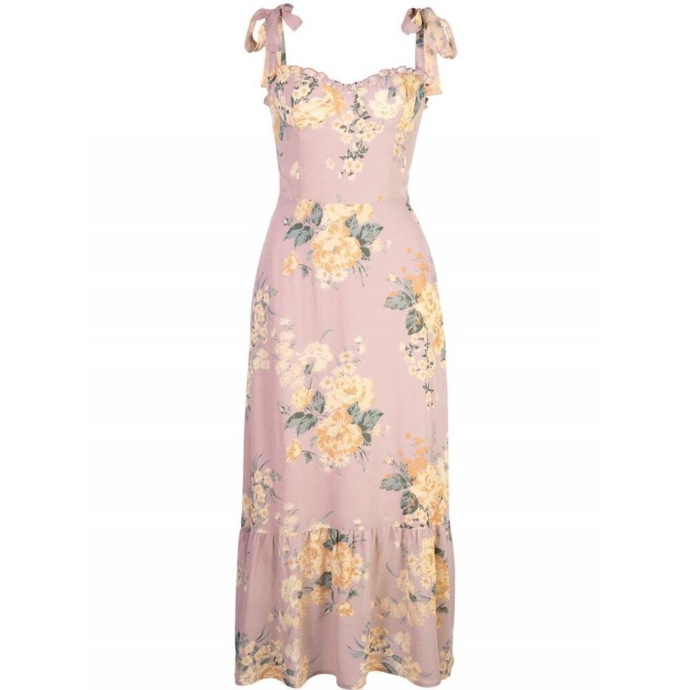 Reformation $278 Nikita Blush Pink Floral Tie Sleeve Ruffle Midi Dress